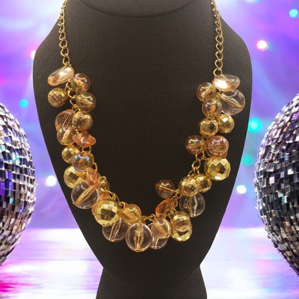 Retro Brass Tone Chain w/ Disco Ball and Peach Colored Beaded Necklace